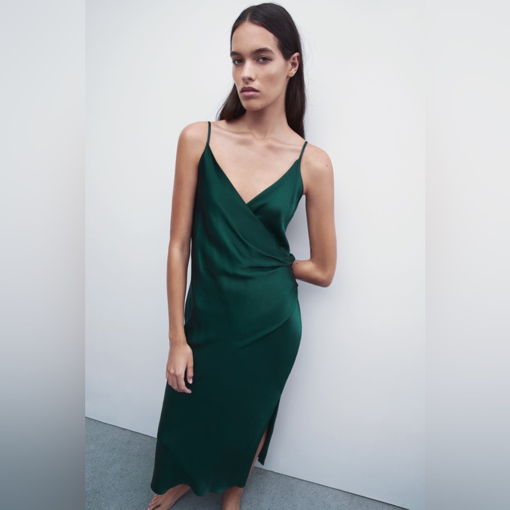 Zara forest green draped silk midi dress with side slit and straps
